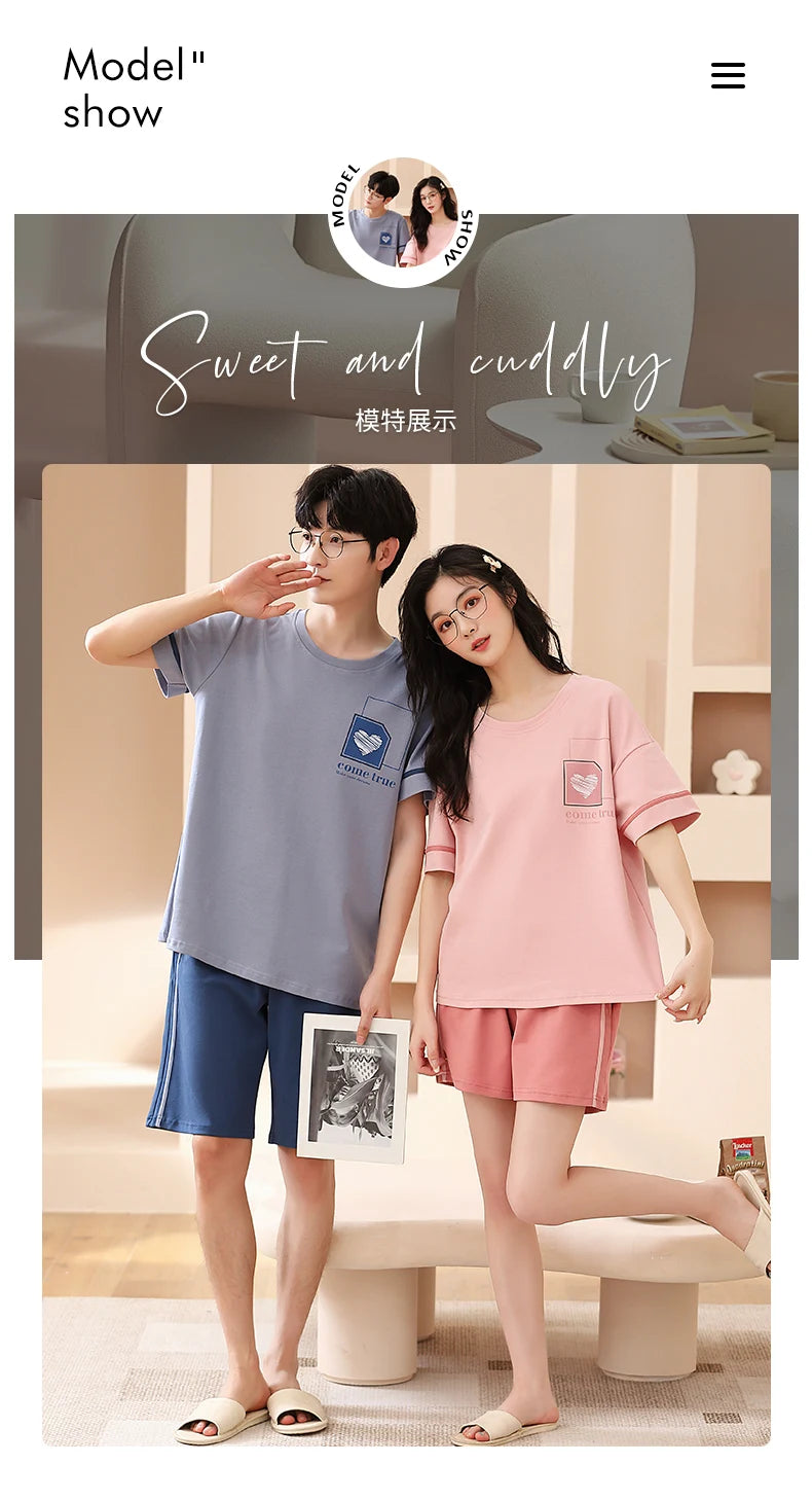 SUKAE Summer Cotton Shorts Couple Sleepwear Cute Pajama  Korean Pajamas Set for Man Fashion Trendy Woman Pijama Casual Nightwear