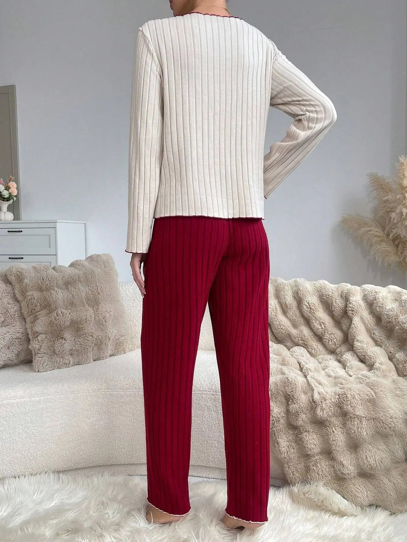Women's Ribbed Pajamas Set Cute Heart Long Sleeve Top And Trousers Sleepwear 2 Piece Set For Women Casual Suit Loungewear