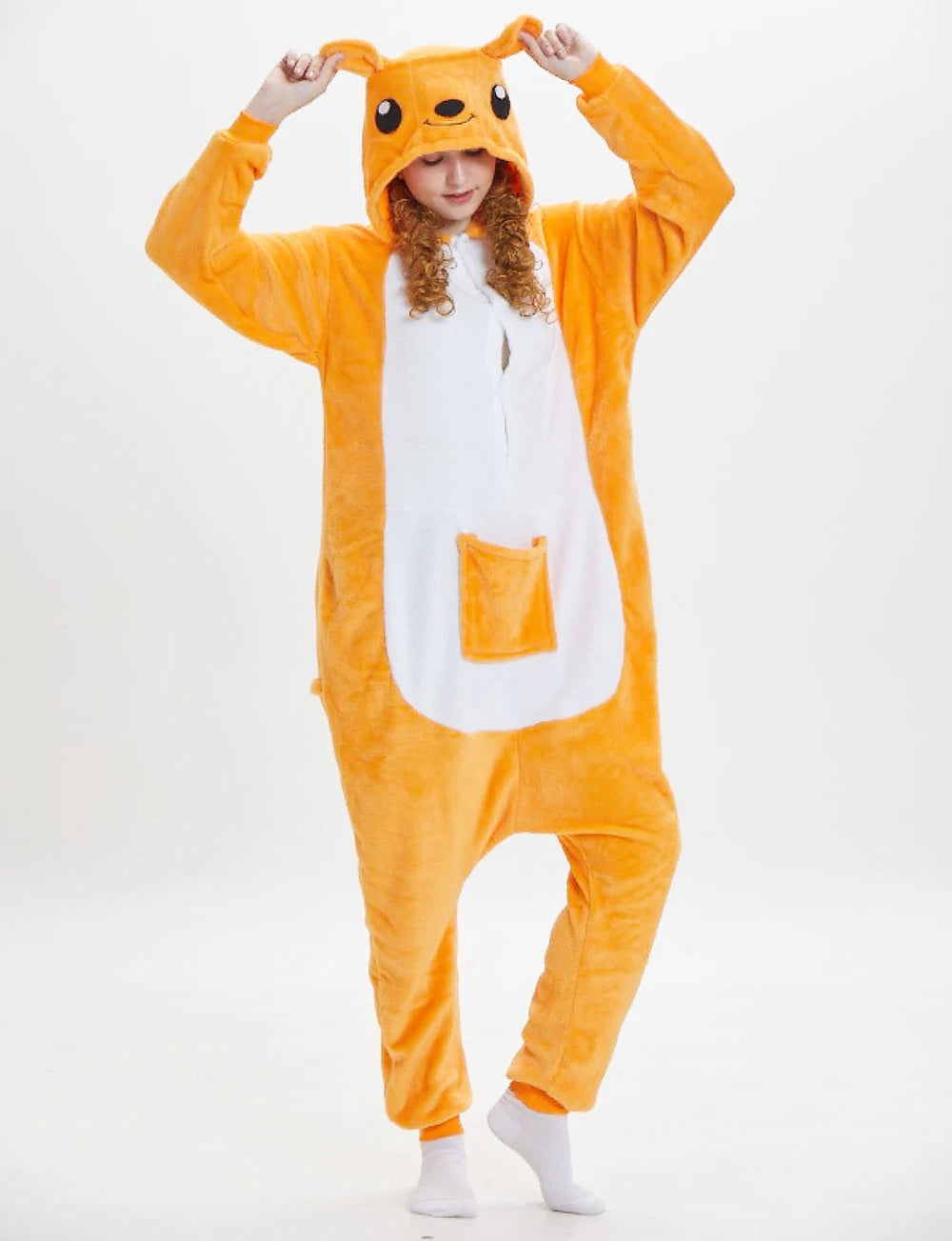 Unisex Adult Kangaroo Pajamas Cosplay Onesies Cartoon Animal Sleepwear Pyjamas Warm Flannel Hooded Christmas Halloween Jumpsuits