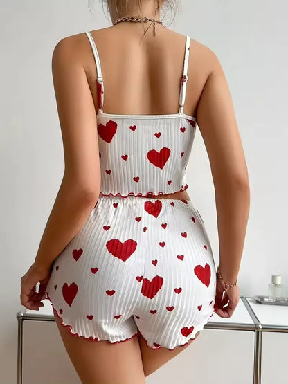 New Women's Pajamas Set Sleepwear Short Tank Tops And Shorts S M L XL White Ventilate Soft Casual Love Printing Women Sleepwear