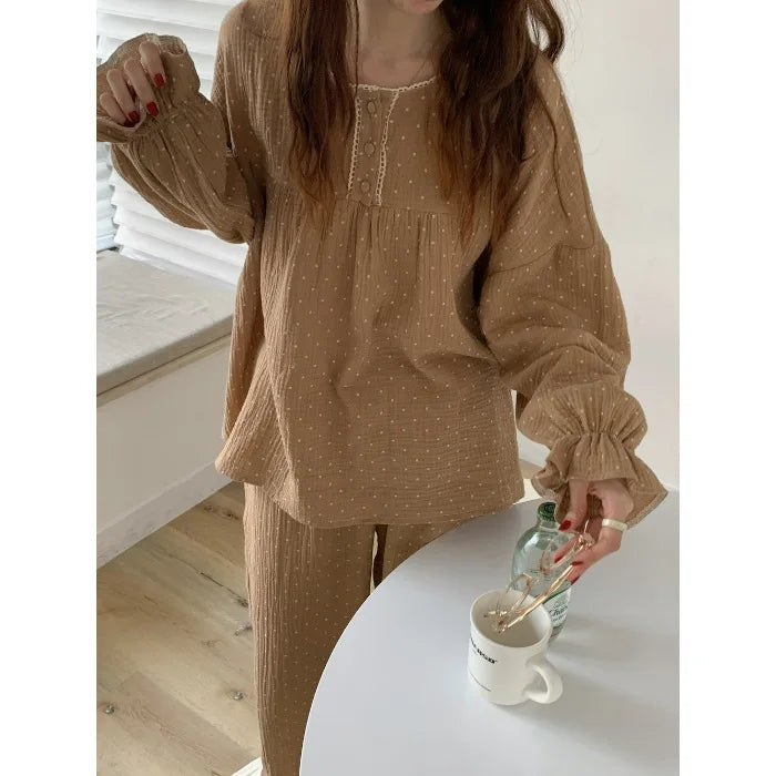 Spring and Autumn Season Korean Style Cute Wrinkled Fabric Sleepwear Women's Long Sleeve Long Pants Loose Student Homewear Set