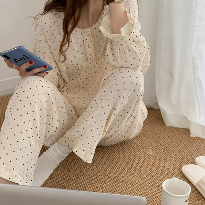 Spring and Autumn Season Korean Style Cute Wrinkled Fabric Sleepwear Women's Long Sleeve Long Pants Loose Student Homewear Set