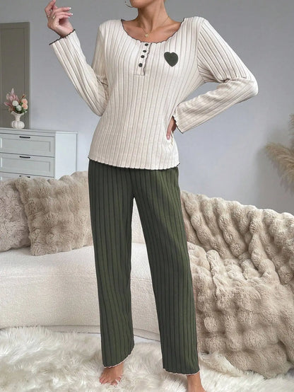 Women's Ribbed Pajamas Set Cute Heart Long Sleeve Top And Trousers Sleepwear 2 Piece Set For Women Casual Suit Loungewear