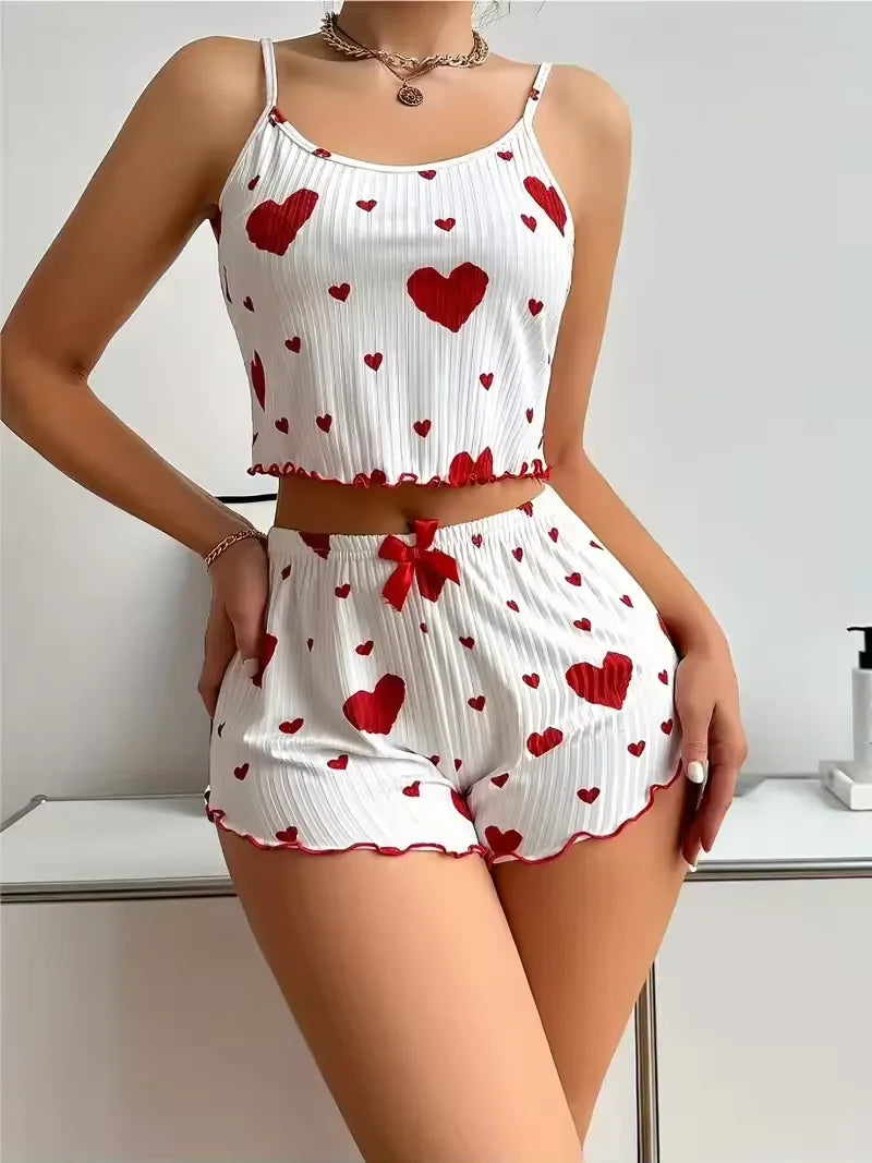 New Women's Pajamas Set Sleepwear Short Tank Tops And Shorts S M L XL White Ventilate Soft Casual Love Printing Women Sleepwear