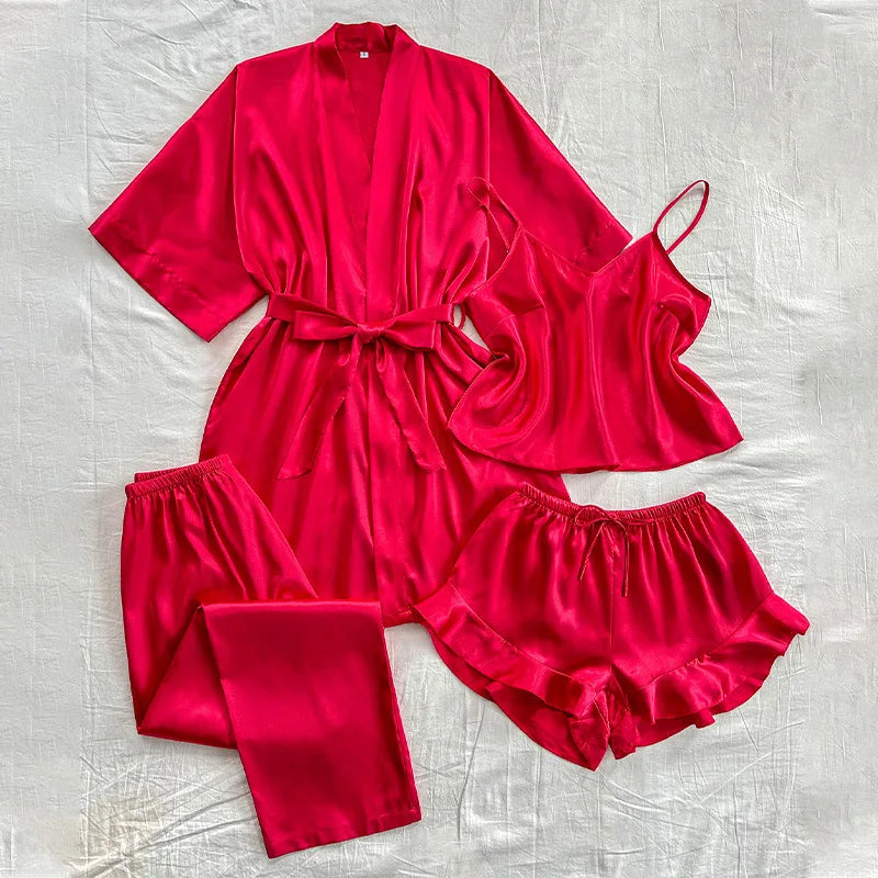 Spring Summer New Women Pajama Four Piece Suit Sleepwear Silky Satin Kimono Bathrobe Trouser Suits Loose Home Clothes Loungewear