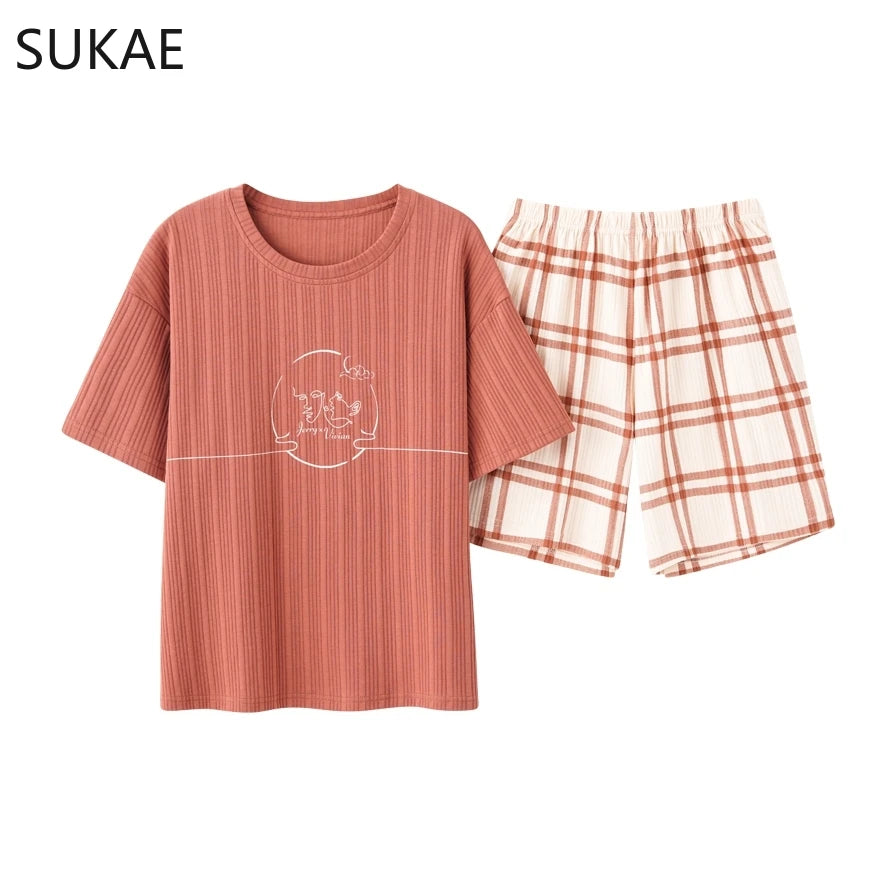 SUKAE Summer Cotton Shorts Couple Sleepwear Cute Pajama  Korean Pajamas Set for Man Fashion Trendy Woman Pijama Casual Nightwear