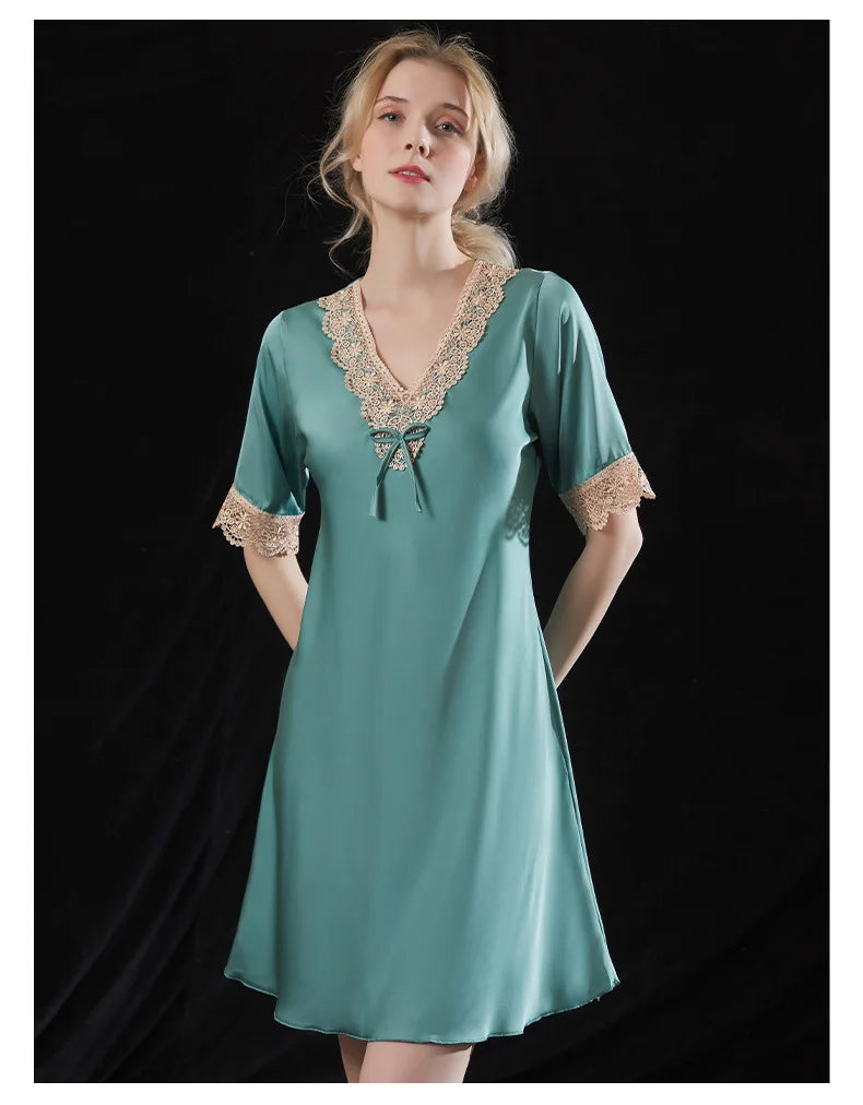 Women Silk Nightdress Summer Lingerie Satin Sleepwear For Ladies Lace V-neck Nightwear Short Sleeve Nightgown Home Clothes