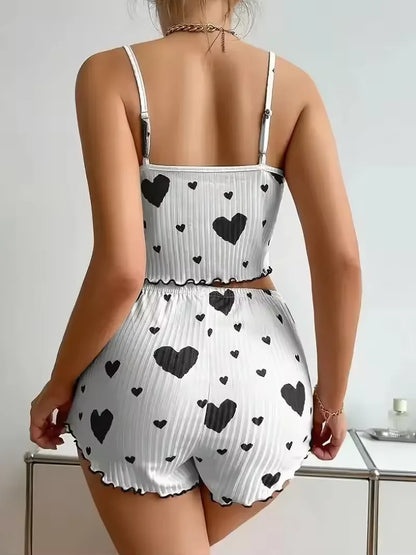 New Women's Pajamas Set Sleepwear Short Tank Tops And Shorts S M L XL White Ventilate Soft Casual Love Printing Women Sleepwear
