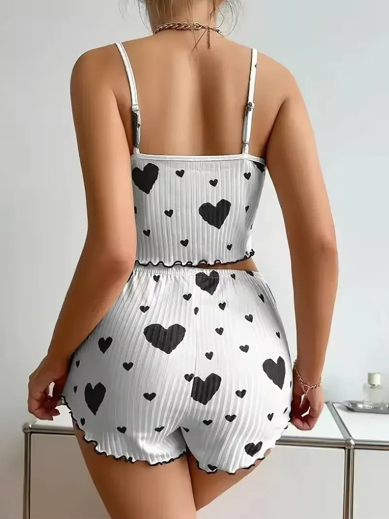 New Women's Pajamas Set Sleepwear Short Tank Tops And Shorts S M L XL White Ventilate Soft Casual Love Printing Women Sleepwear