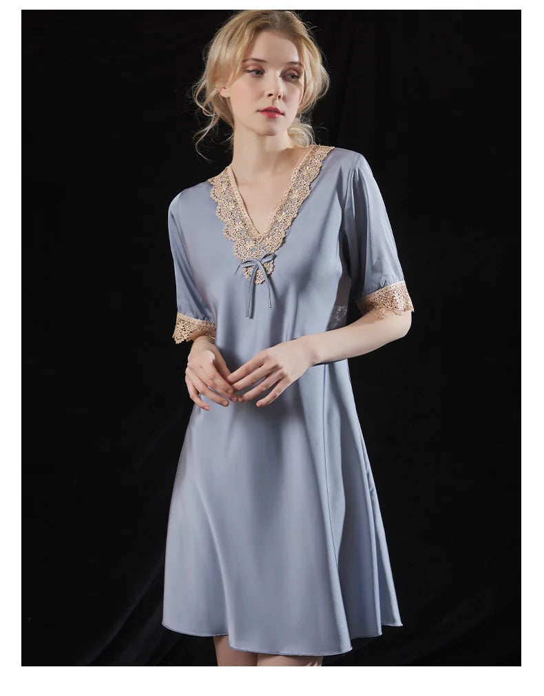 Women Silk Nightdress Summer Lingerie Satin Sleepwear For Ladies Lace V-neck Nightwear Short Sleeve Nightgown Home Clothes