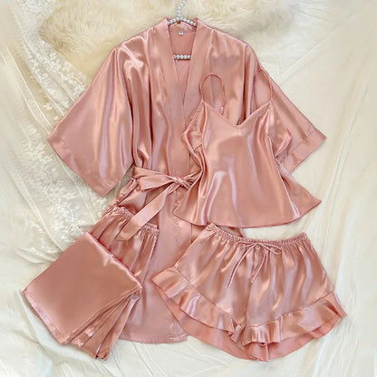 Spring Summer New Women Pajama Four Piece Suit Sleepwear Silky Satin Kimono Bathrobe Trouser Suits Loose Home Clothes Loungewear