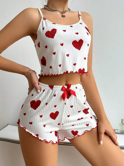 New Women's Pajamas Set Sleepwear Short Tank Tops And Shorts S M L XL White Ventilate Soft Casual Love Printing Women Sleepwear