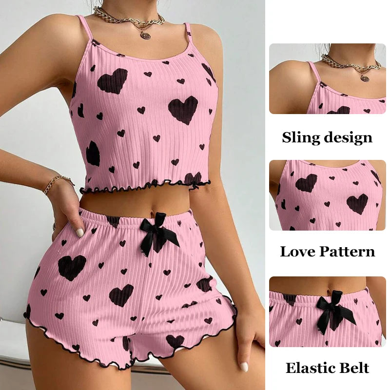 New Women's Pajamas Set Sleepwear Short Tank Tops And Shorts S M L XL White Ventilate Soft Casual Love Printing Women Sleepwear