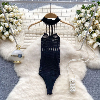 Sexy Hollow Out Women's Black Bodysuit Halter Neck Lace Up Erotic Lingerie Slim Sleepwear Hot Club Nightwear Backless Sexy Top