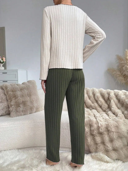 Women's Ribbed Pajamas Set Cute Heart Long Sleeve Top And Trousers Sleepwear 2 Piece Set For Women Casual Suit Loungewear