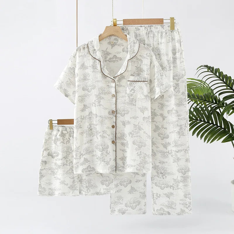 Sleepwear pure cotton 3PCS set Thin crepe fabric Collar short sleeved pants shorts home suit set