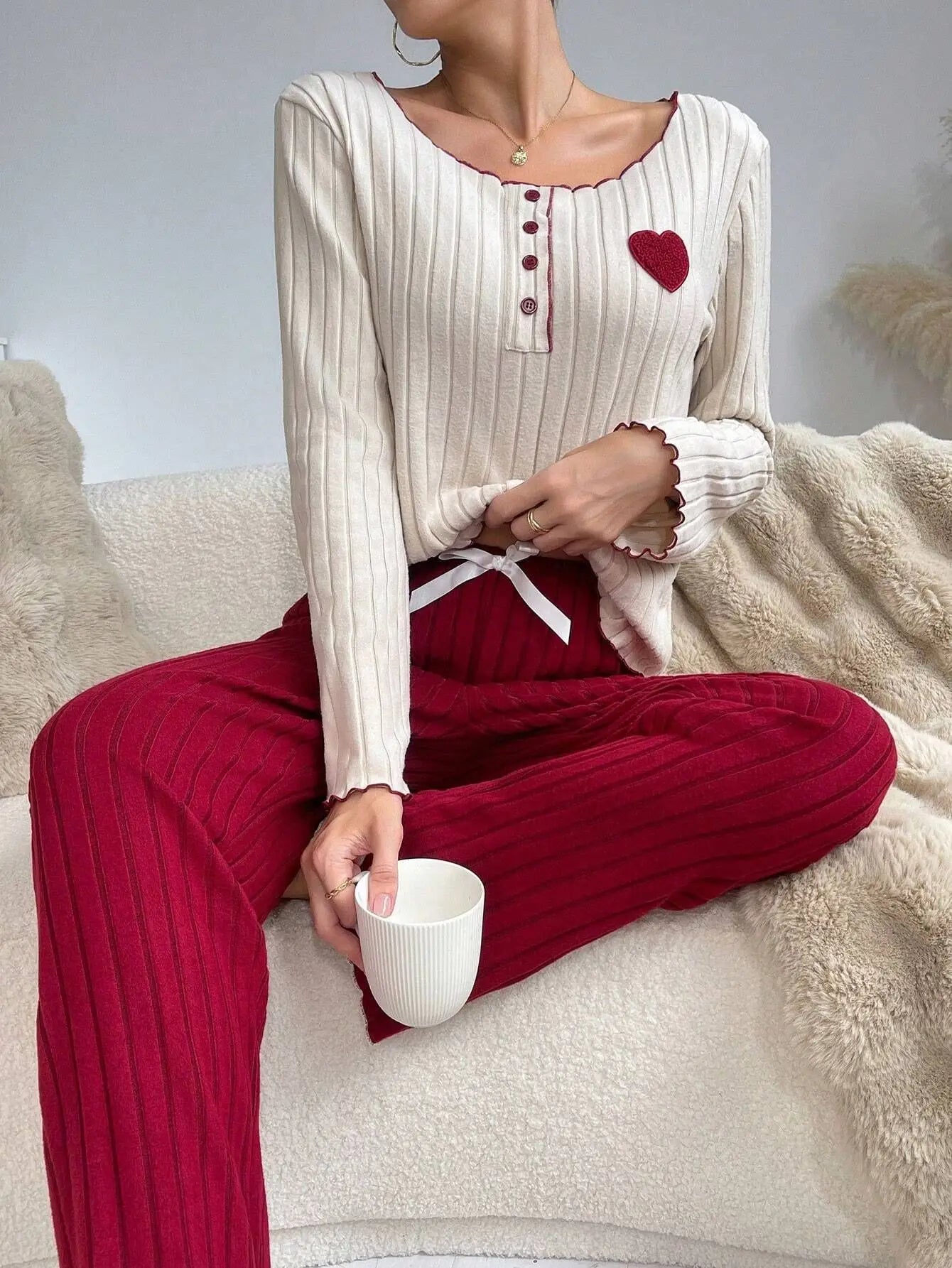 Women's Ribbed Pajamas Set Cute Heart Long Sleeve Top And Trousers Sleepwear 2 Piece Set For Women Casual Suit Loungewear