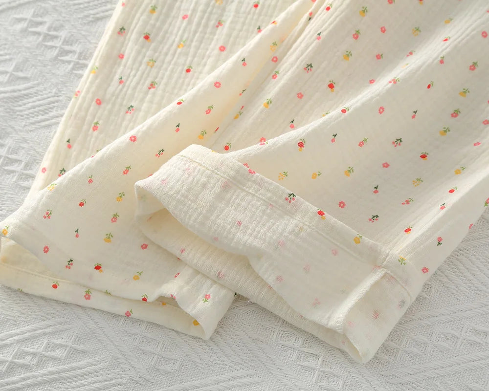 Sleepwear pure cotton 3PCS set Thin crepe fabric Collar short sleeved pants shorts home suit set