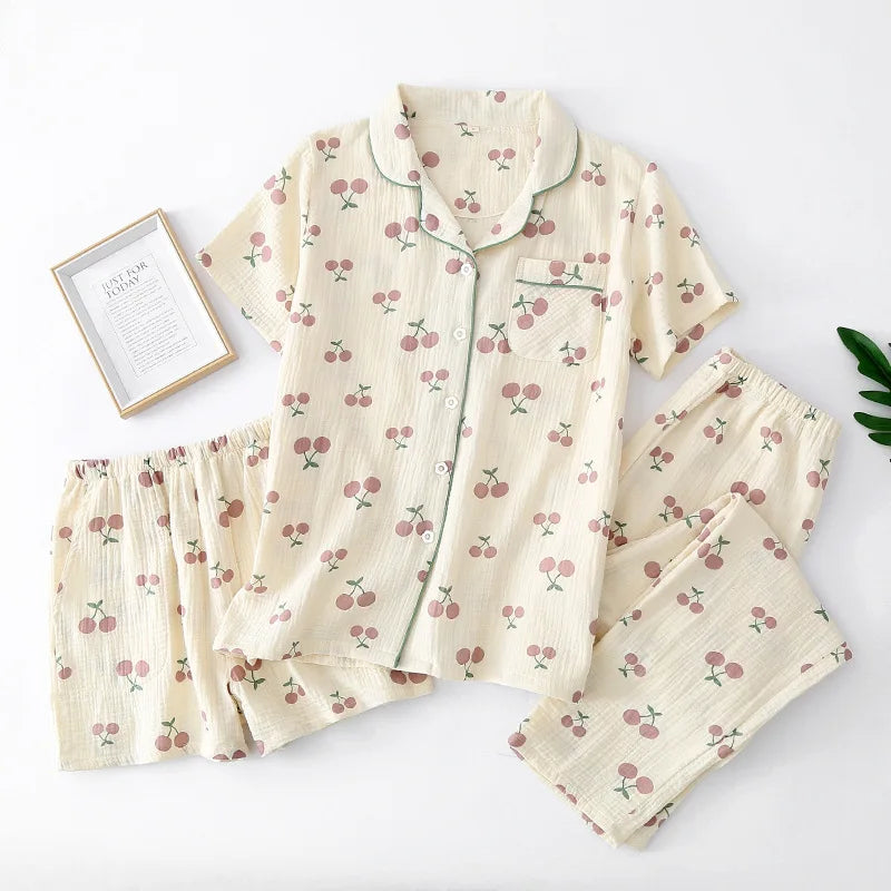 Sleepwear pure cotton 3PCS set Thin crepe fabric Collar short sleeved pants shorts home suit set