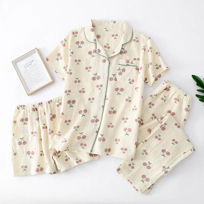 Sleepwear pure cotton 3PCS set Thin crepe fabric Collar short sleeved pants shorts home suit set