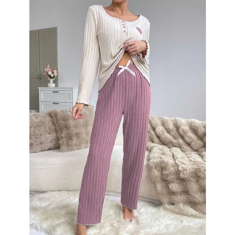 Women's Ribbed Pajamas Set Cute Heart Long Sleeve Top And Trousers Sleepwear 2 Piece Set For Women Casual Suit Loungewear