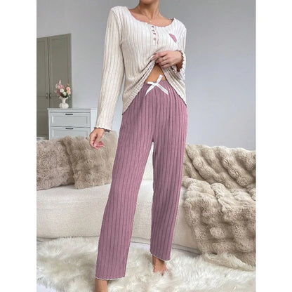 Women's Ribbed Pajamas Set Cute Heart Long Sleeve Top And Trousers Sleepwear 2 Piece Set For Women Casual Suit Loungewear