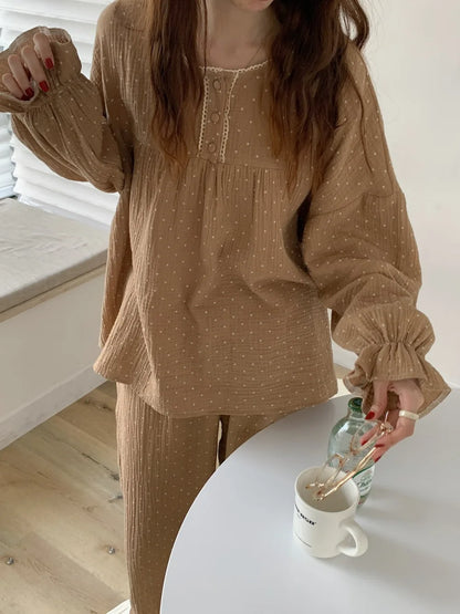 Spring and Autumn Season Korean Style Cute Wrinkled Fabric Sleepwear Women's Long Sleeve Long Pants Loose Student Homewear Set